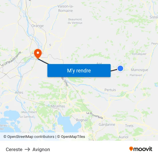 Cereste to Avignon map