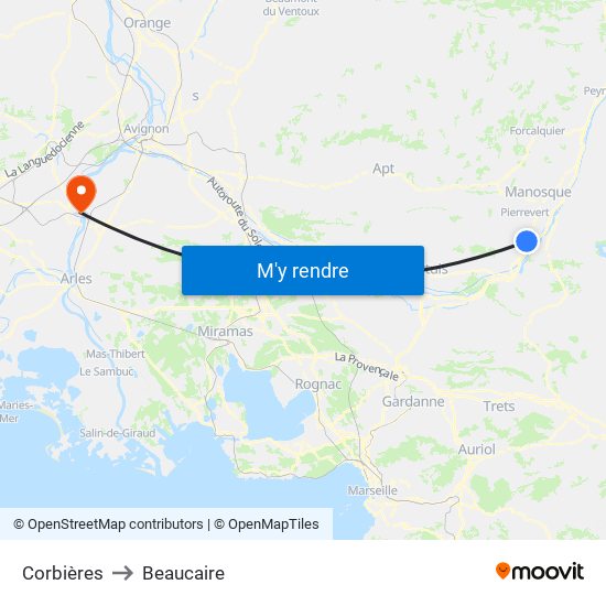 Corbières to Beaucaire map