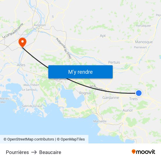 Pourrières to Beaucaire map