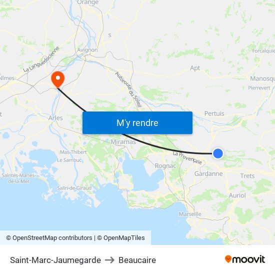 Saint-Marc-Jaumegarde to Beaucaire map
