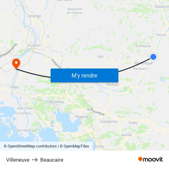 Villeneuve to Beaucaire map