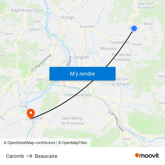 Caromb to Beaucaire map