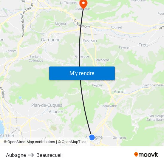 Aubagne to Beaurecueil map