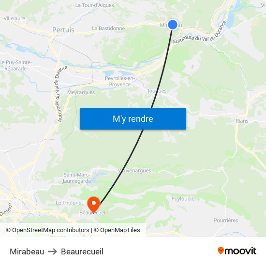 Mirabeau to Beaurecueil map