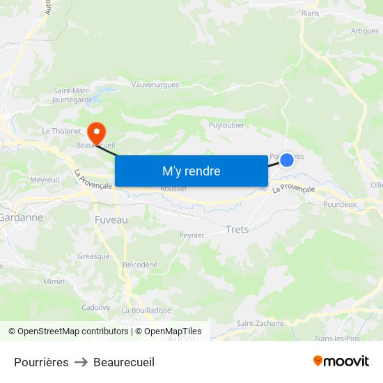 Pourrières to Beaurecueil map