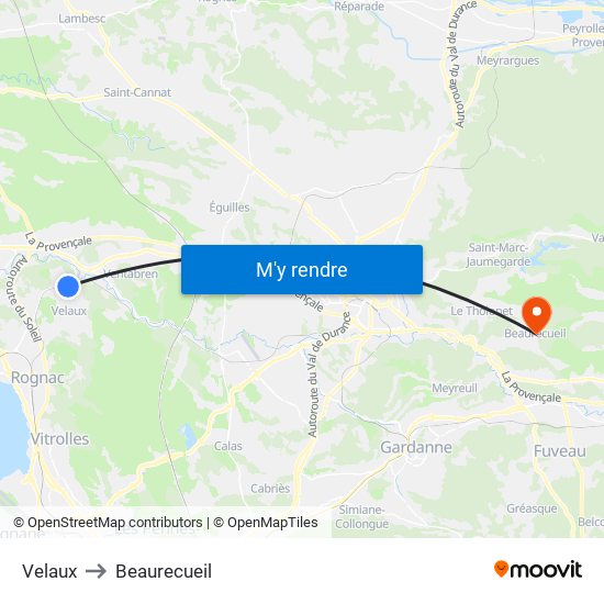 Velaux to Beaurecueil map