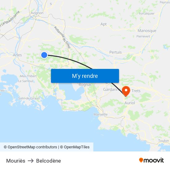 Mouriès to Belcodène map
