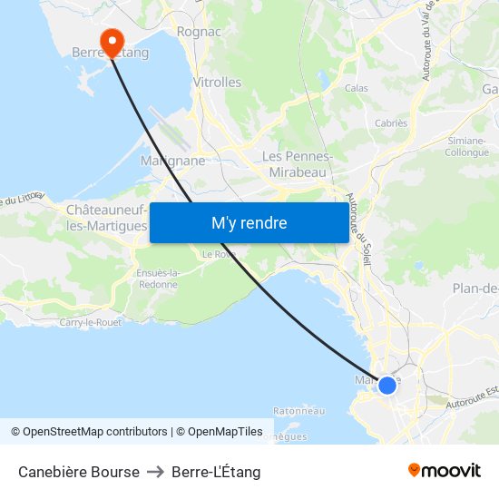 Canebière Bourse to Berre-L'Étang map