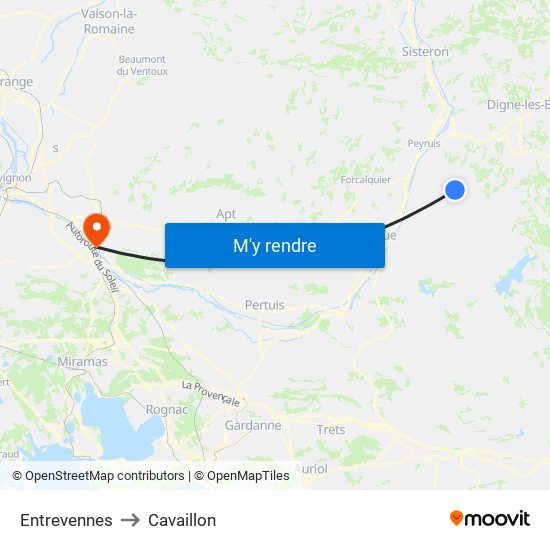 Entrevennes to Cavaillon map