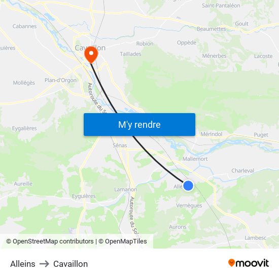 Alleins to Cavaillon map