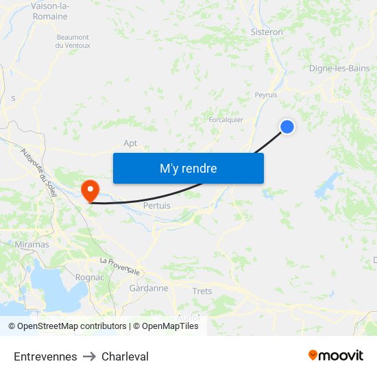 Entrevennes to Charleval map