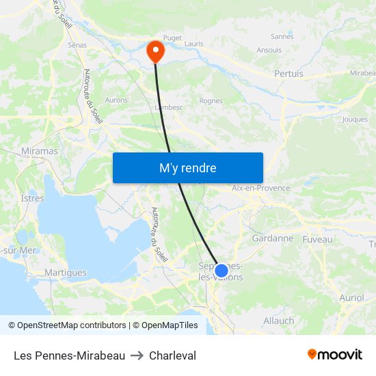 Les Pennes-Mirabeau to Charleval map