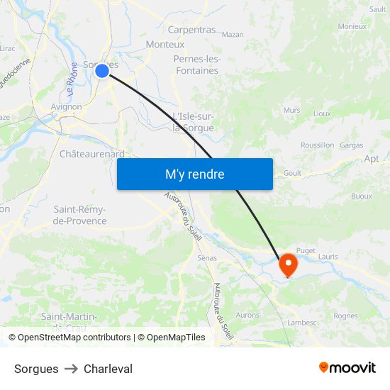 Sorgues to Charleval map