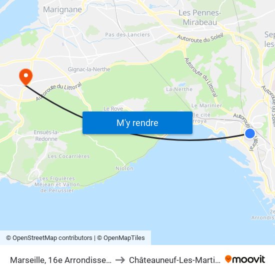 Marseille, 16e Arrondissement to Châteauneuf-Les-Martigues map