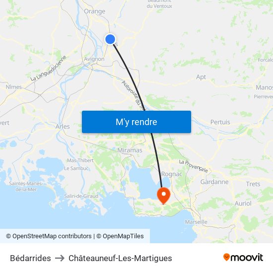 Bédarrides to Châteauneuf-Les-Martigues map
