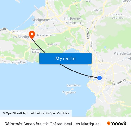 Réformés Canebière to Châteauneuf-Les-Martigues map