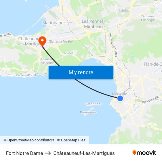 Fort Notre Dame to Châteauneuf-Les-Martigues map