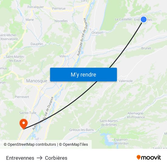 Entrevennes to Corbières map