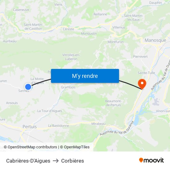Cabrières-D'Aigues to Corbières map
