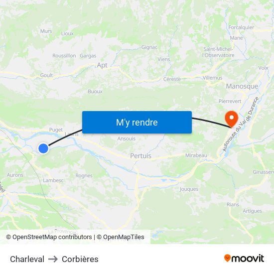 Charleval to Corbières map