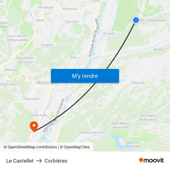 Le Castellet to Corbières map