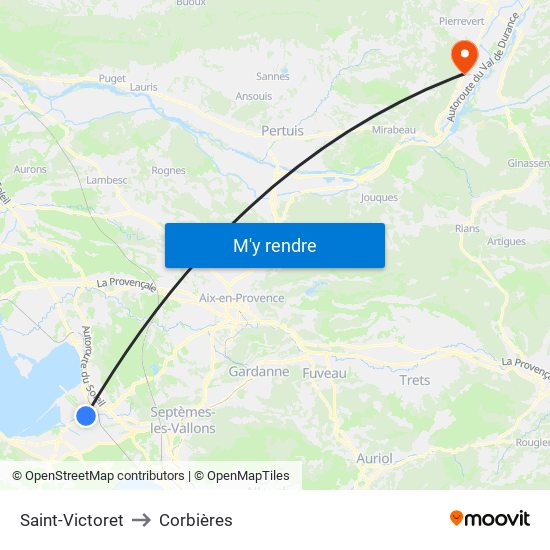 Saint-Victoret to Corbières map