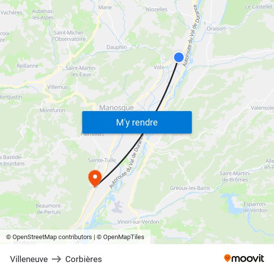 Villeneuve to Corbières map