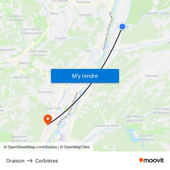 Oraison to Corbières map