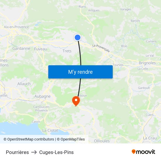 Pourrières to Cuges-Les-Pins map