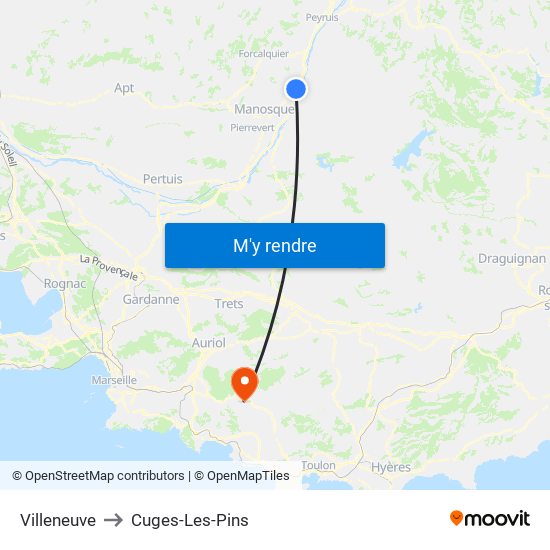 Villeneuve to Cuges-Les-Pins map