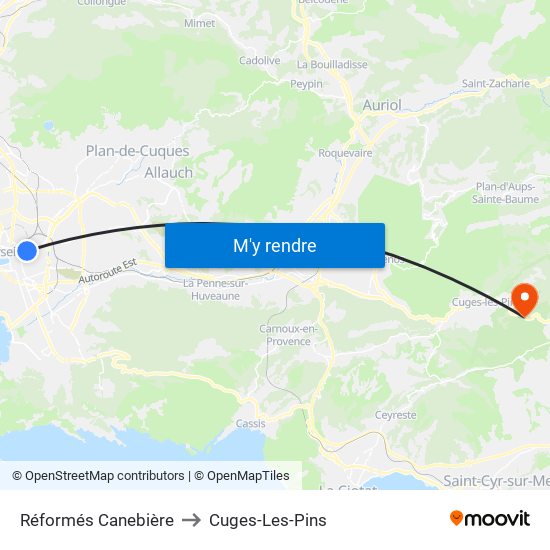 Réformés Canebière to Cuges-Les-Pins map