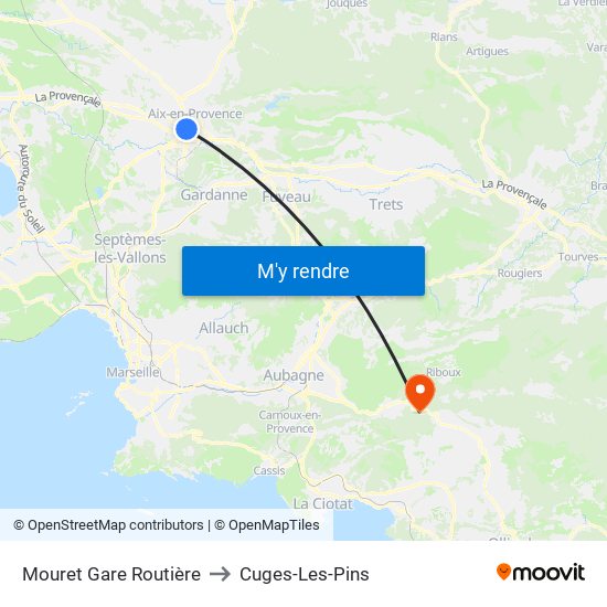 Mouret Gare Routière to Cuges-Les-Pins map