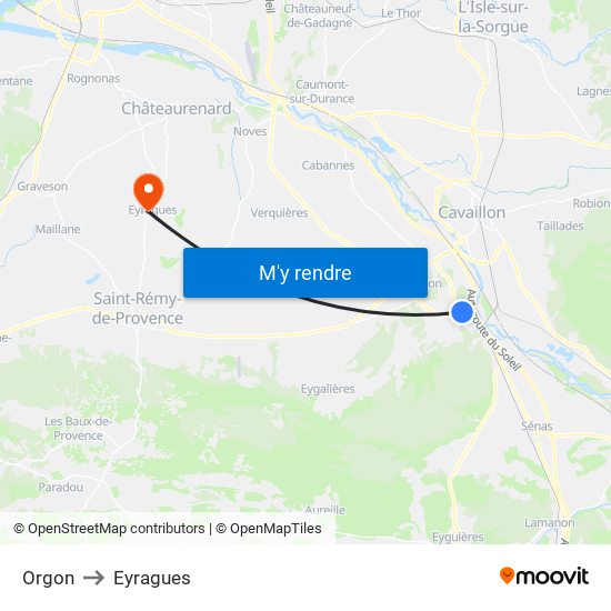 Orgon to Eyragues map