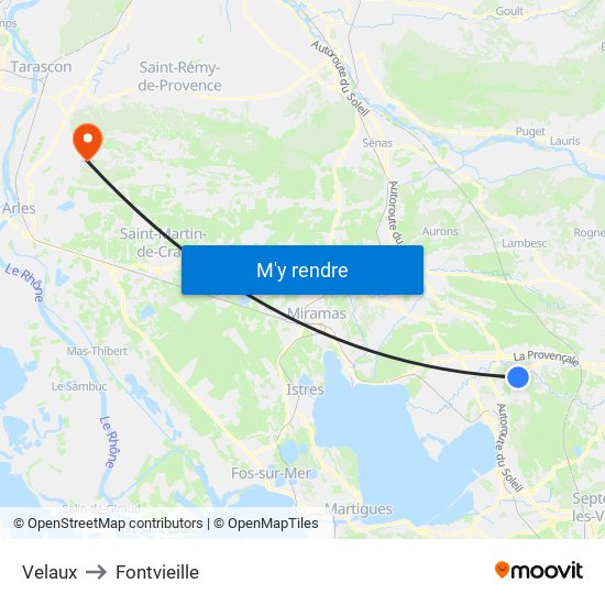 Velaux to Fontvieille map