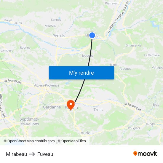 Mirabeau to Fuveau map