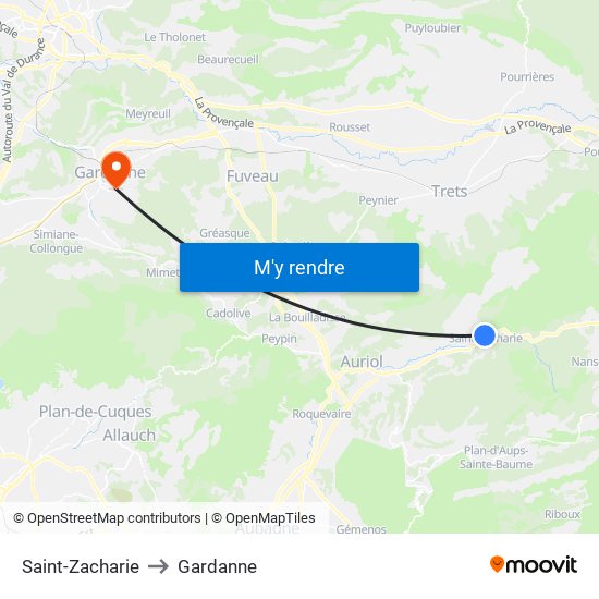 Saint-Zacharie to Gardanne map