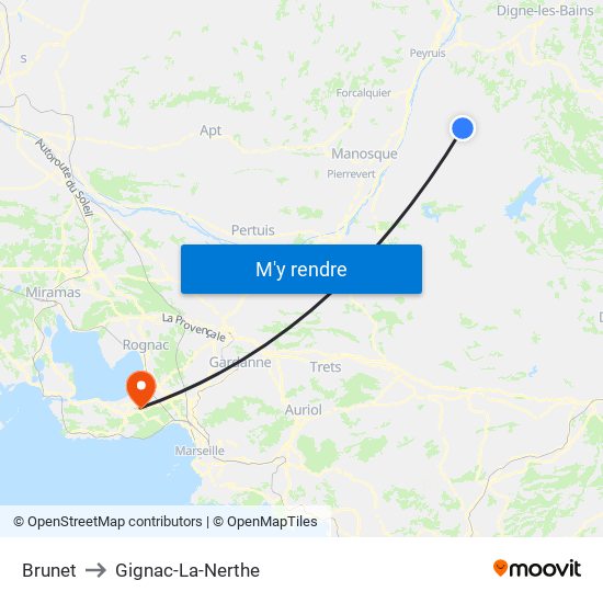 Brunet to Gignac-La-Nerthe map