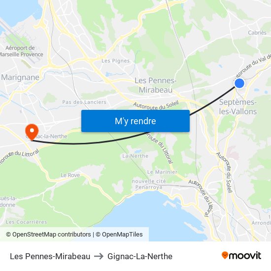 Les Pennes-Mirabeau to Gignac-La-Nerthe map