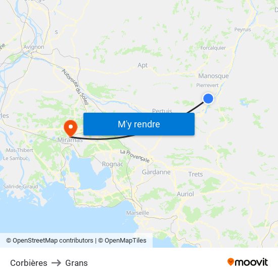 Corbières to Grans map