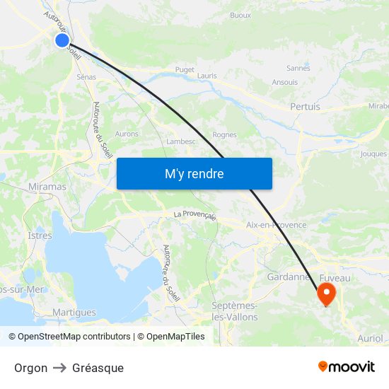 Orgon to Gréasque map