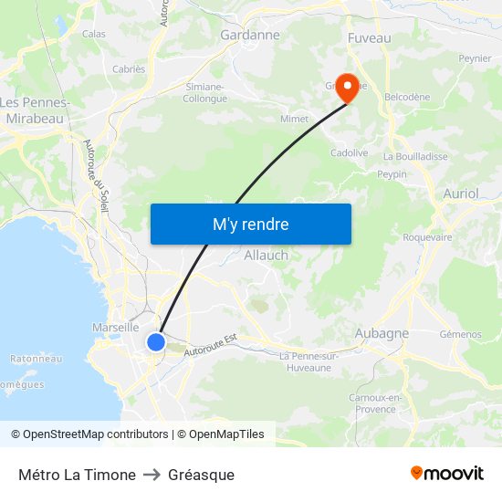 Métro La Timone to Gréasque map