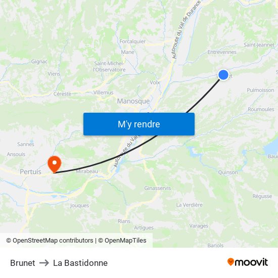 Brunet to La Bastidonne map