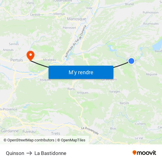 Quinson to La Bastidonne map
