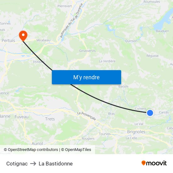 Cotignac to La Bastidonne map