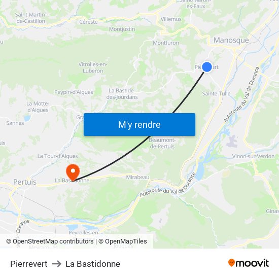 Pierrevert to La Bastidonne map