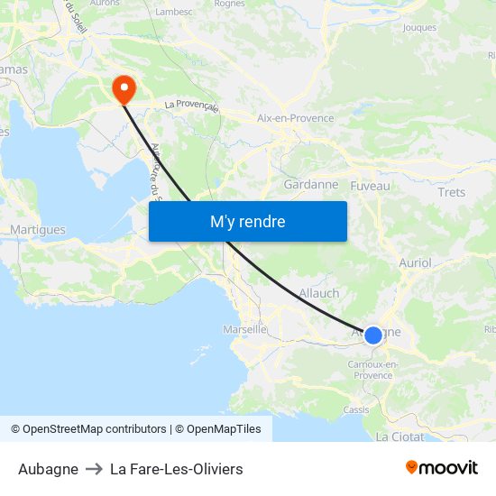 Aubagne to La Fare-Les-Oliviers map