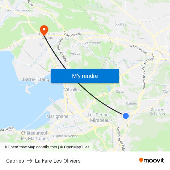Cabriès to La Fare-Les-Oliviers map