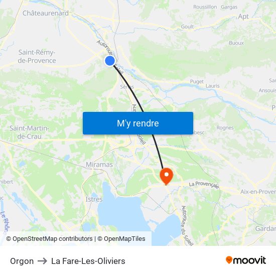 Orgon to La Fare-Les-Oliviers map