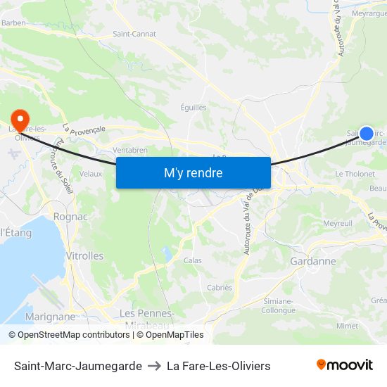 Saint-Marc-Jaumegarde to La Fare-Les-Oliviers map