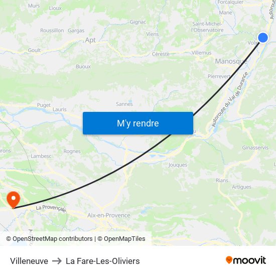 Villeneuve to La Fare-Les-Oliviers map